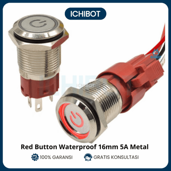 Red Button Waterproof 16mm 5A Metal Self Lock Flat with Power Symbol