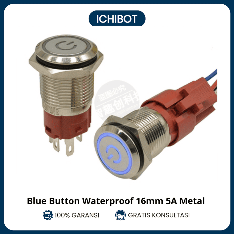 Blue Button Waterproof 16mm 5A Metal Self Lock Flat with Power Symbol