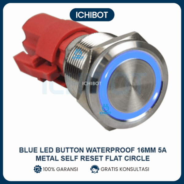 Blue Led Button Waterproof 16mm 5A Metal Self Reset Flat Circle