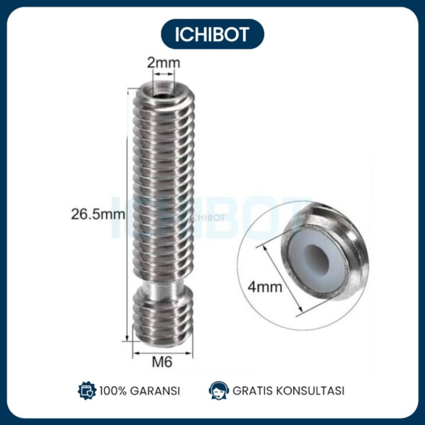 M6 26mm Length 3D Printer Throat Teflon MK8 Panjang Stainless Groove