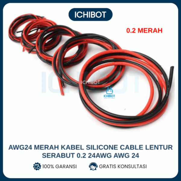 AWG24 Merah Kabel Silicone Cable Lentur Serabut 0.2 24AWG AWG 24