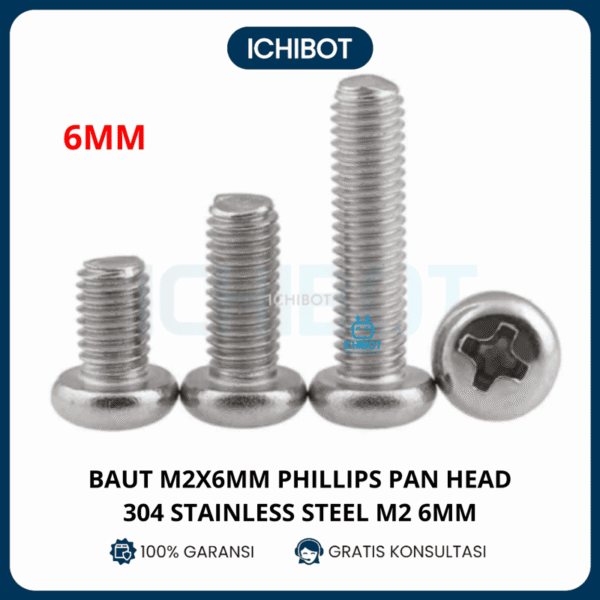 (10pcs) 6mm Baut M2x6mm M2 Phillips Pan Head 304 Stainless Steel
