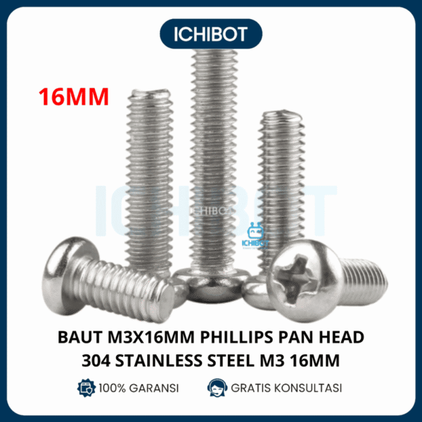 (10pcs) 16mm Baut M3x16mm M3 Phillips Pan Head 304 Stainless Steel
