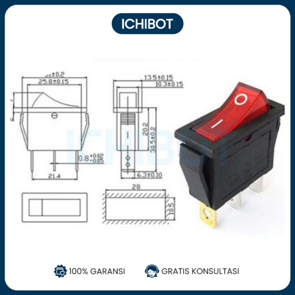 Saklar Power Gepeng ON OFF AC 220V Lampu Merah Rocker 2-Pin