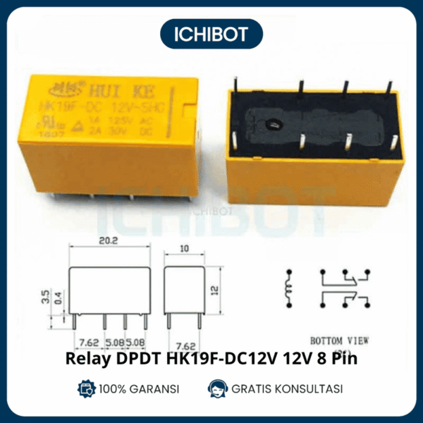Relay HK19F-DC12V DPDT 12V 8-Pin Kuning PCB Power Relay 8P HK19F