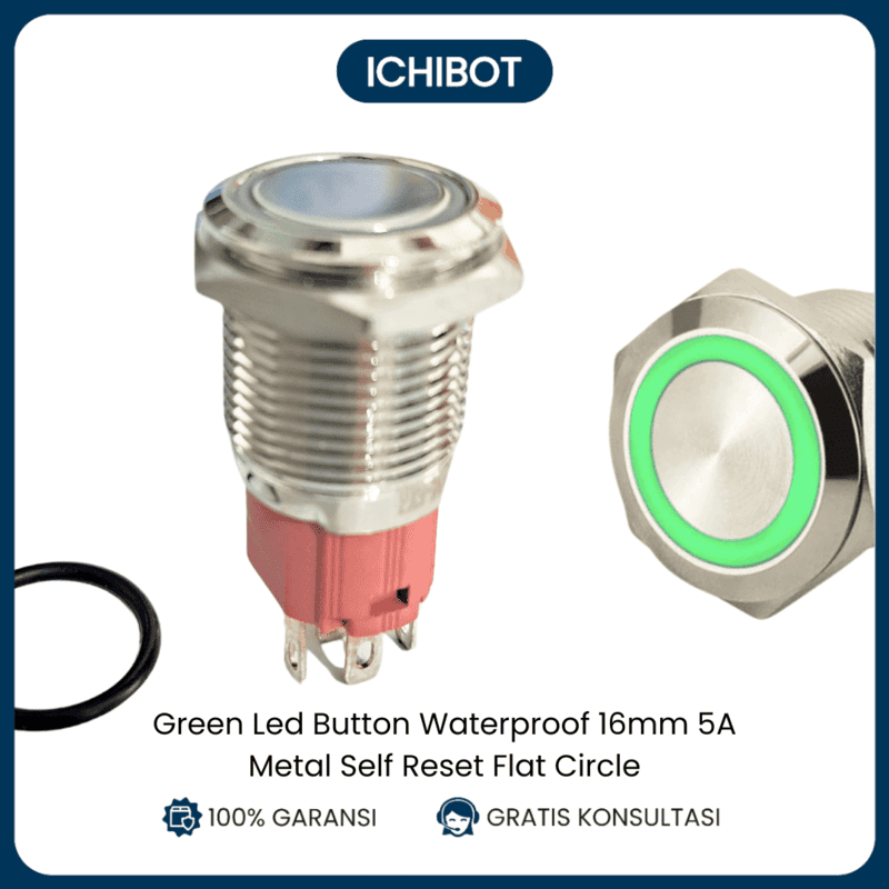 Green Led Button Waterproof 16mm 5A Metal Self Reset Flat Circle