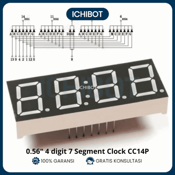 7 Segment 0.56 Clock 4 Digit Jam 14P 14 Pin CC Common Cathode Merah