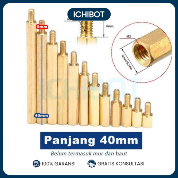 40mm Spacer Besi M3 Kuningan Panjang 40 + 6 mm