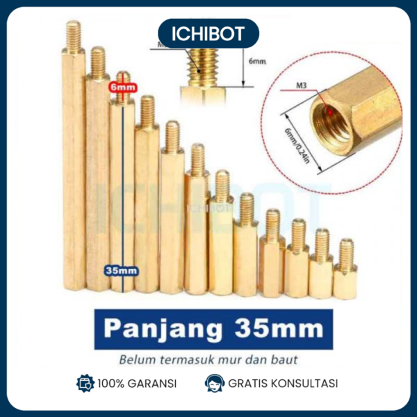 35mm Spacer Besi M3 Kuningan Panjang 35 + 6 mm