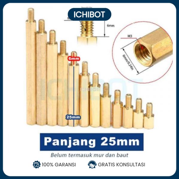 25mm Spacer Besi M3 Kuningan Panjang 25 + 6 mm