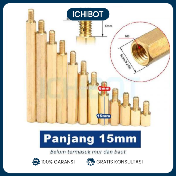 15mm Spacer Besi M3 Kuningan Panjang 15 + 6 mm