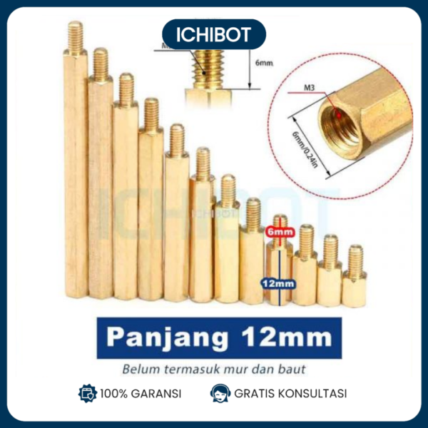 12mm Spacer Besi M3 Kuningan Panjang 12 + 6 mm