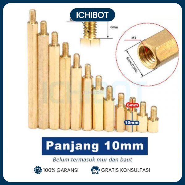 10mm Spacer Besi M3 Kuningan Panjang 10 + 6 mm
