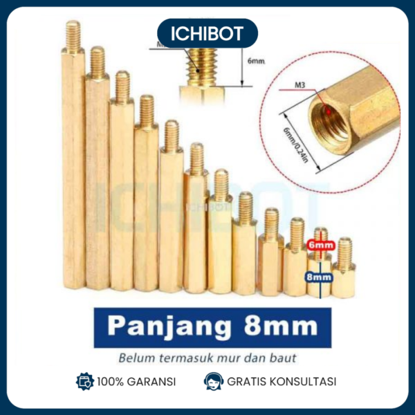 8mm Spacer Besi M3 Kuningan Panjang 8 + 6 mm