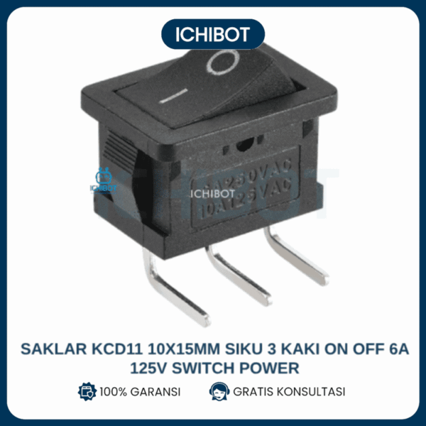 Saklar KCD11 10x15mm Siku 3 Kaki ON OFF 6A 125V Rocker Switch
